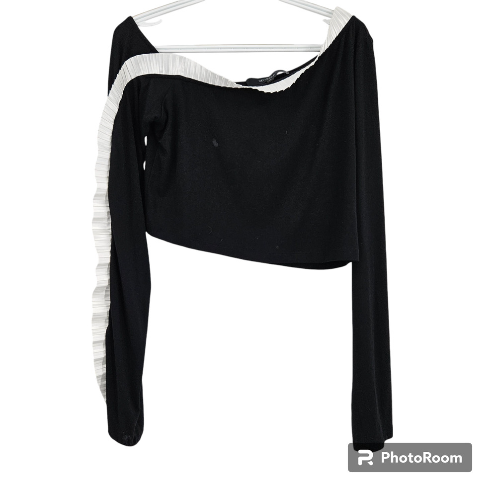 Sid Neigum Crop Top Black White One Shoulder Ruffle Trim Long Sleeve Size 10